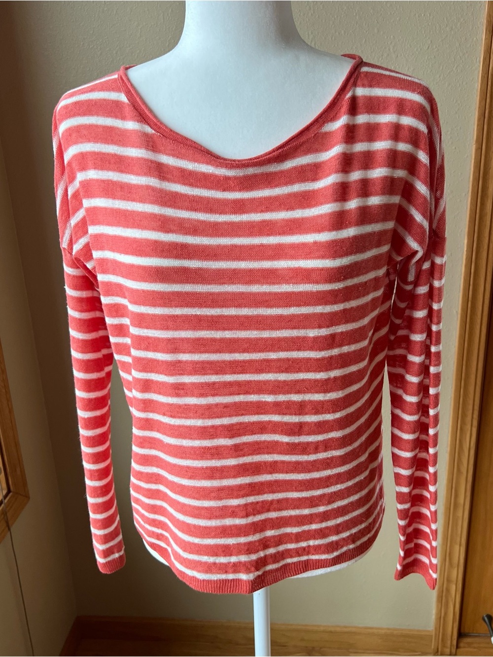Vince Sweater Women’s S Lightweight 100% Linen Striped Boat Neck Pullover Orange